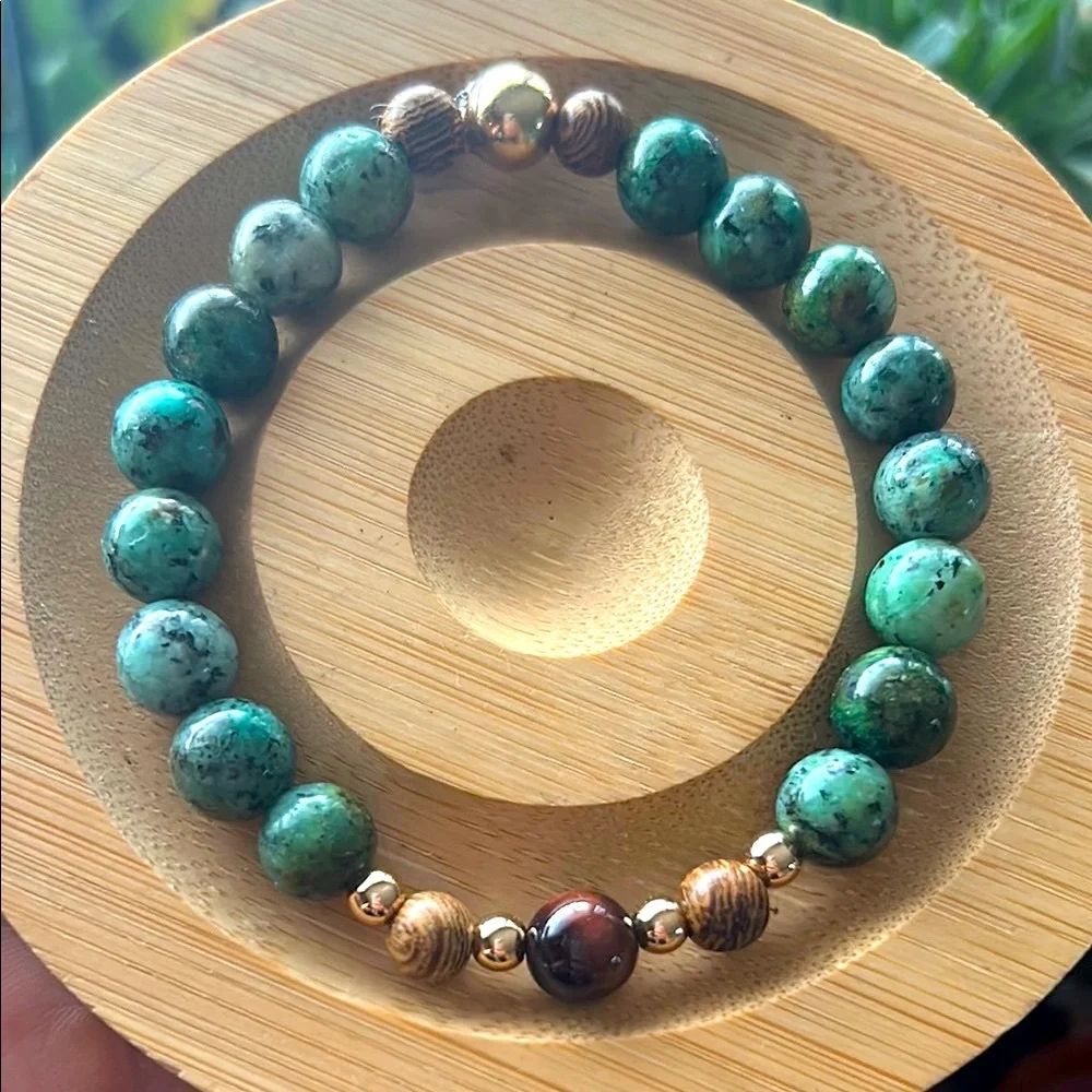 Handmade African Turquoise + African Wood Brad + Red Tigers Eye Beaded Bracelet